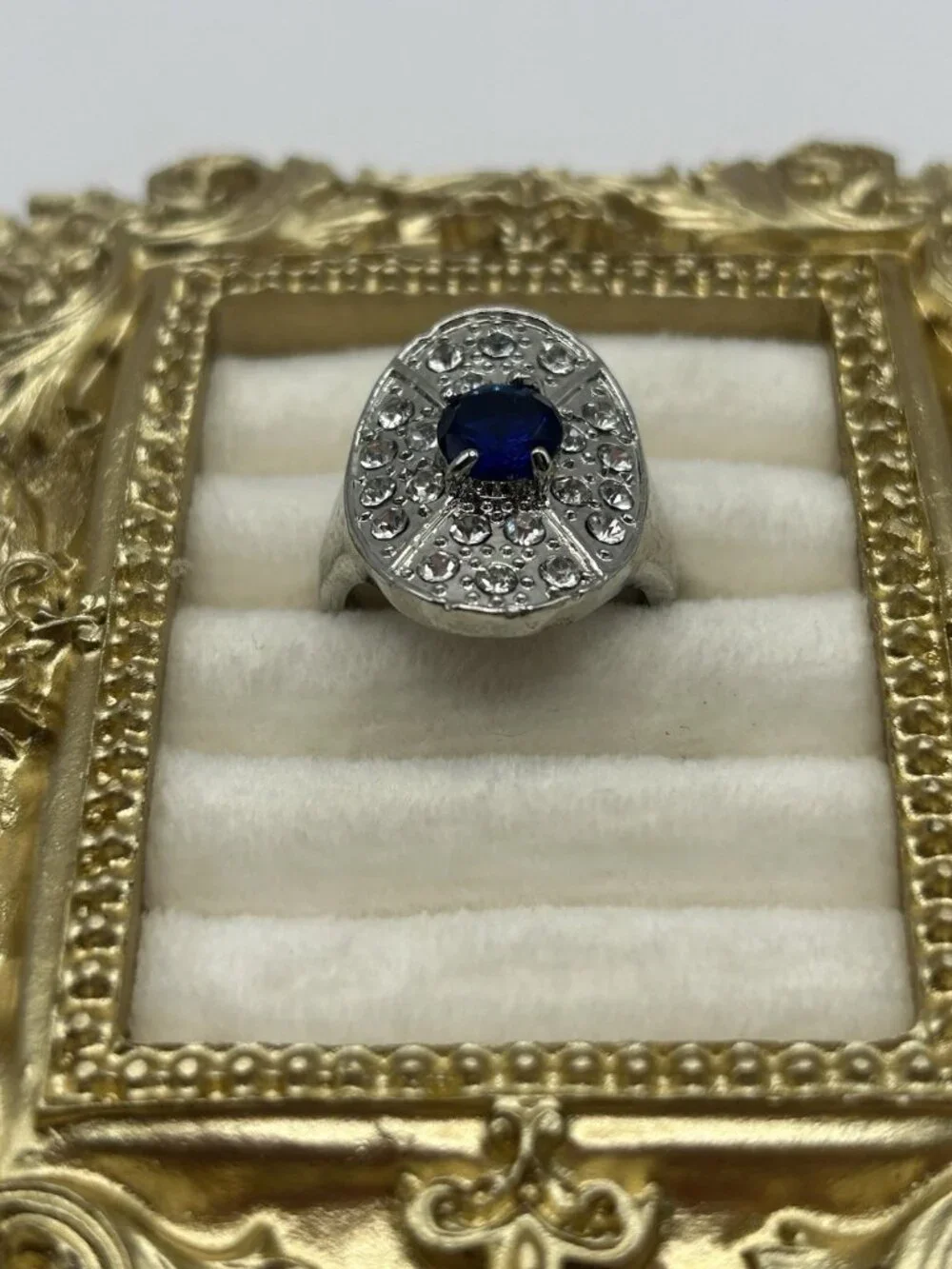 Vintage Style Silver Tone Blue Rhinestone Oval Cocktail Ring Size 8